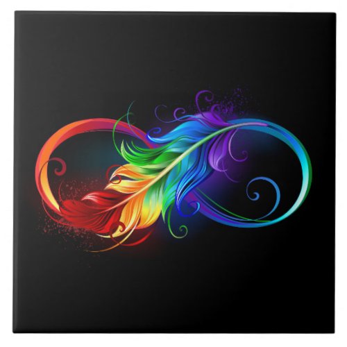 Infinity Symbol with Rainbow Feather Ceramic Tile