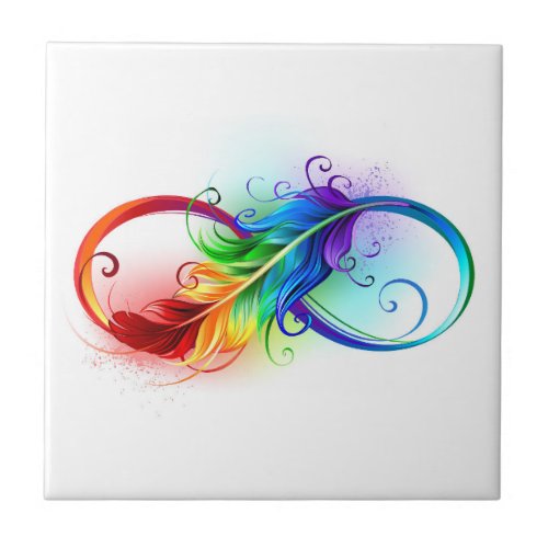 Infinity Symbol with Rainbow Feather Ceramic Tile