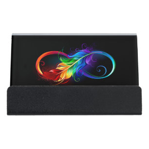 Infinity Symbol with Rainbow Feather Desk Business Card Holder