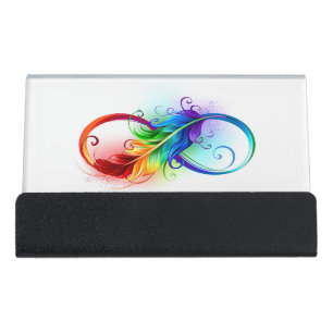 Infinity Symbol with Rainbow Feather Desk Business Card Holder