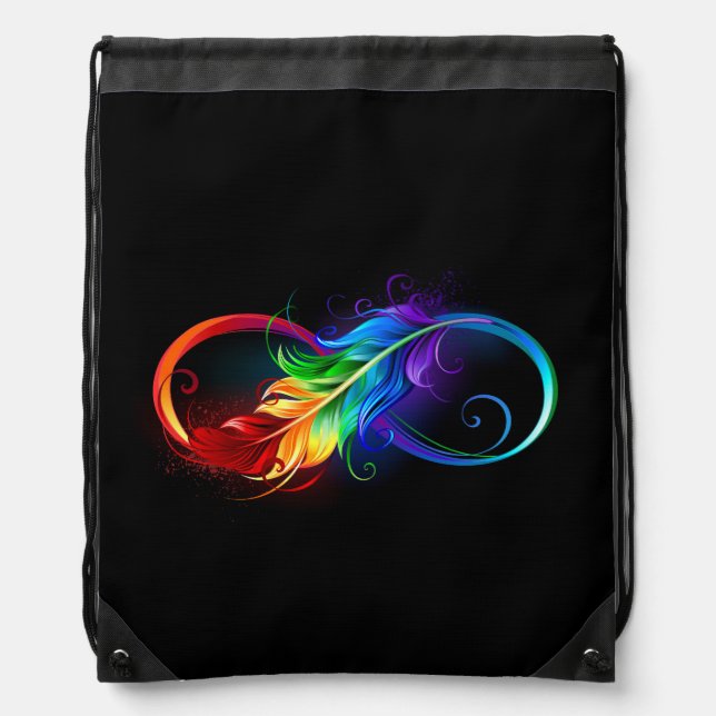 Infinity Symbol with Rainbow Feather Drawstring Bag (Front)