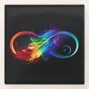 Infinity Symbol with Rainbow Feather Glass Coaster