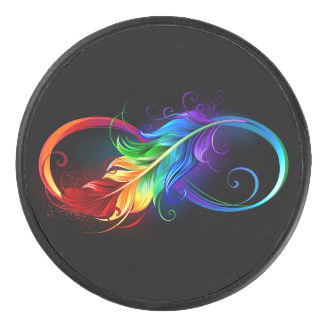 Infinity Symbol with Rainbow Feather Hockey Puck (Front)