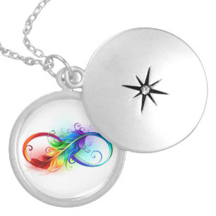 Infinity Symbol with Rainbow Feather Locket Necklace