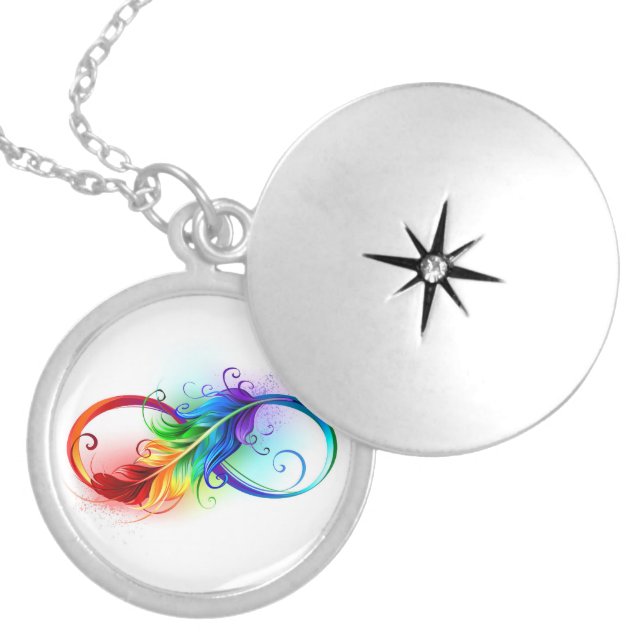Infinity Symbol with Rainbow Feather Locket Necklace (Front)