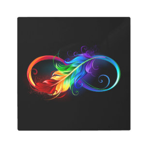 Infinity Symbol with Rainbow Feather Metal Print