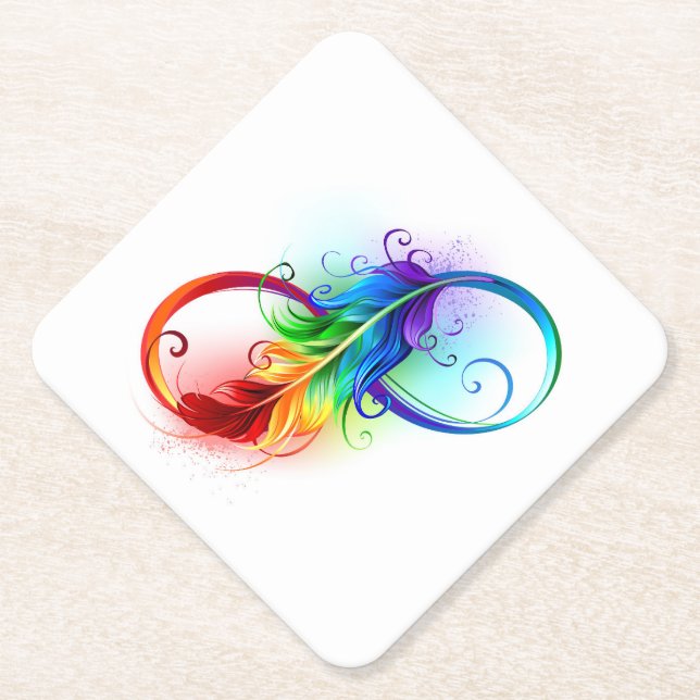 Infinity Symbol with Rainbow Feather Paper Coaster (Front)
