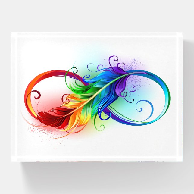 Infinity Symbol with Rainbow Feather Paperweight (Front)