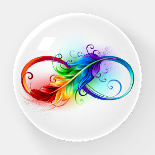 Infinity Symbol with Rainbow Feather Paperweight