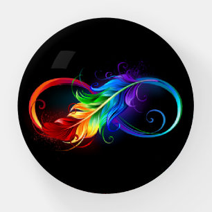 Infinity Symbol with Rainbow Feather Paperweight