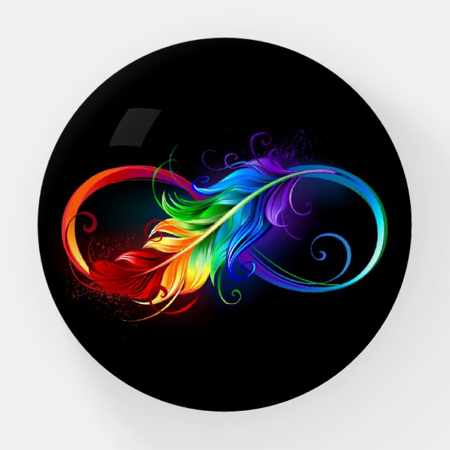 Infinity Symbol with Rainbow Feather Paperweight (Front)