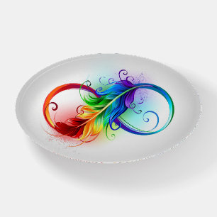 Infinity Symbol with Rainbow Feather Paperweight