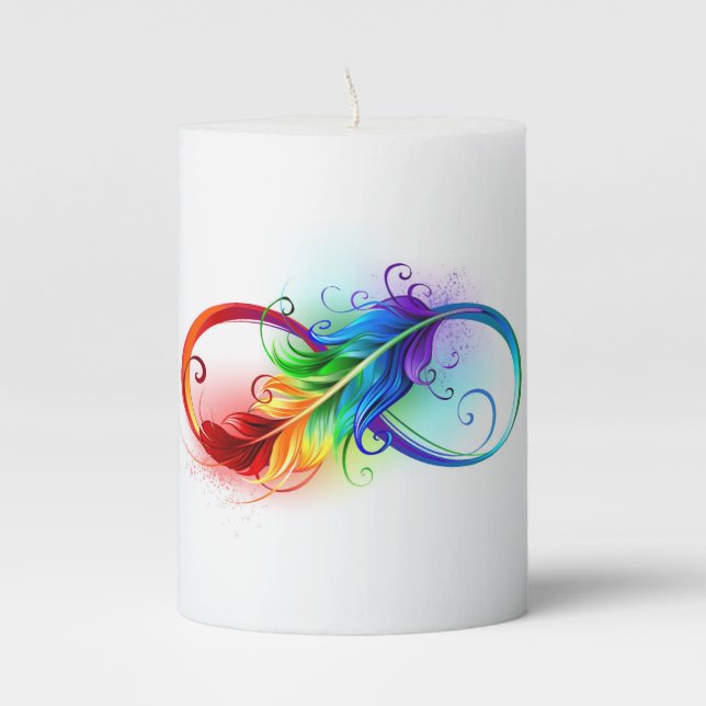Infinity Symbol with Rainbow Feather Pillar Candle (Front)