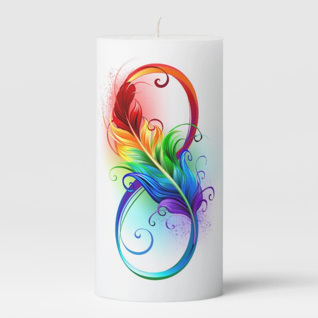 Infinity Symbol with Rainbow Feather Pillar Candle (Front)