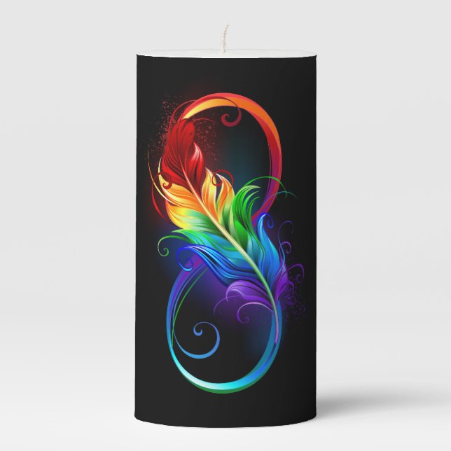 Infinity Symbol with Rainbow Feather Pillar Candle (Front)