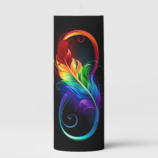 Infinity Symbol with Rainbow Feather Pillar Candle (Front)