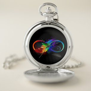 Infinity Symbol with Rainbow Feather Pocket Watch