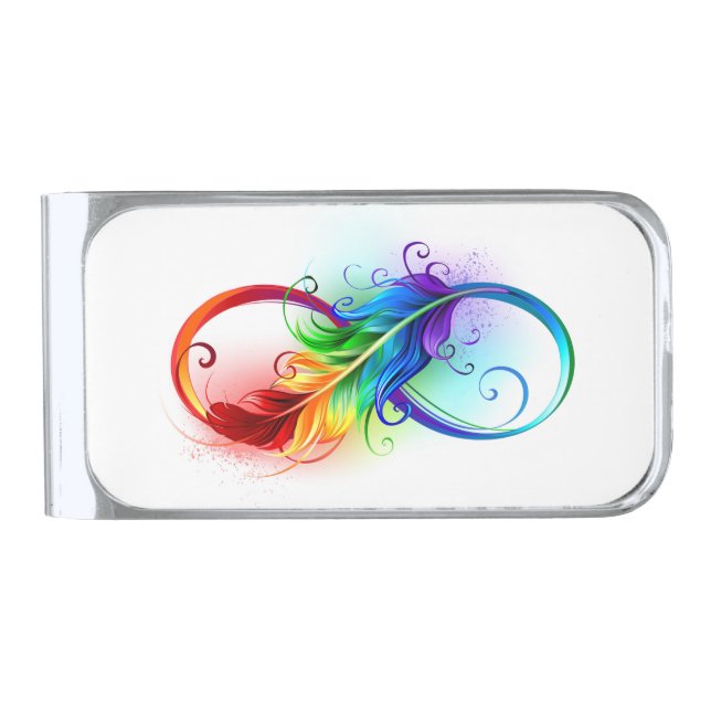 Infinity Symbol with Rainbow Feather Silver Finish Money Clip (Front)