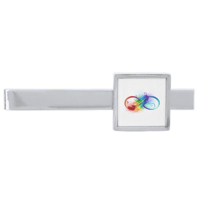 Infinity Symbol with Rainbow Feather Silver Finish Tie Bar (Front)