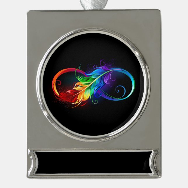 Infinity Symbol with Rainbow Feather Silver Plated Banner Ornament (Front)