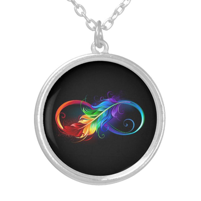 Infinity Symbol with Rainbow Feather Silver Plated Necklace (Front)