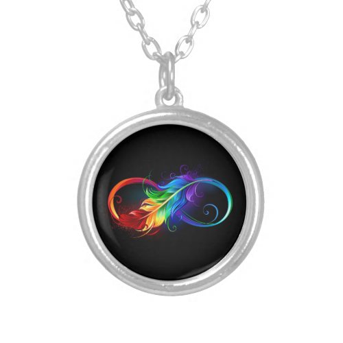 Infinity Symbol with Rainbow Feather Silver Plated Necklace