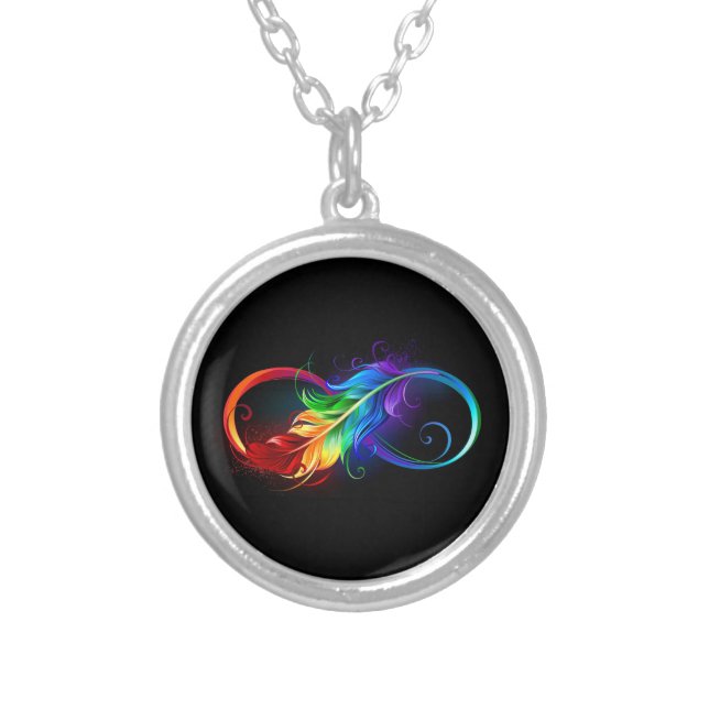 Infinity Symbol with Rainbow Feather Silver Plated Necklace (Front)