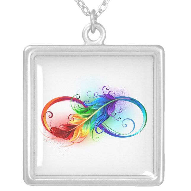 Infinity Symbol with Rainbow Feather Silver Plated Necklace (Front)