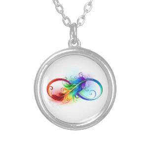 Infinity Symbol with Rainbow Feather Silver Plated Necklace