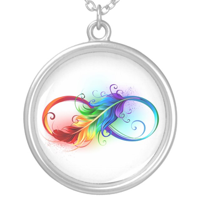 Infinity Symbol with Rainbow Feather Silver Plated Necklace (Front)