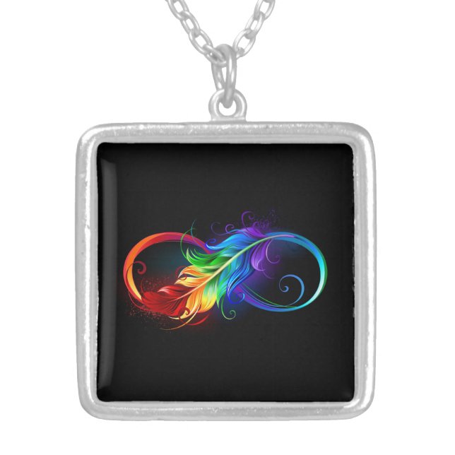 Infinity Symbol with Rainbow Feather Silver Plated Necklace (Front)