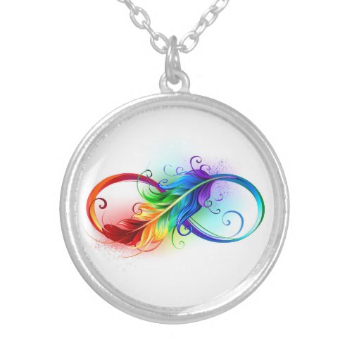 Infinity Symbol with Rainbow Feather Silver Plated Necklace