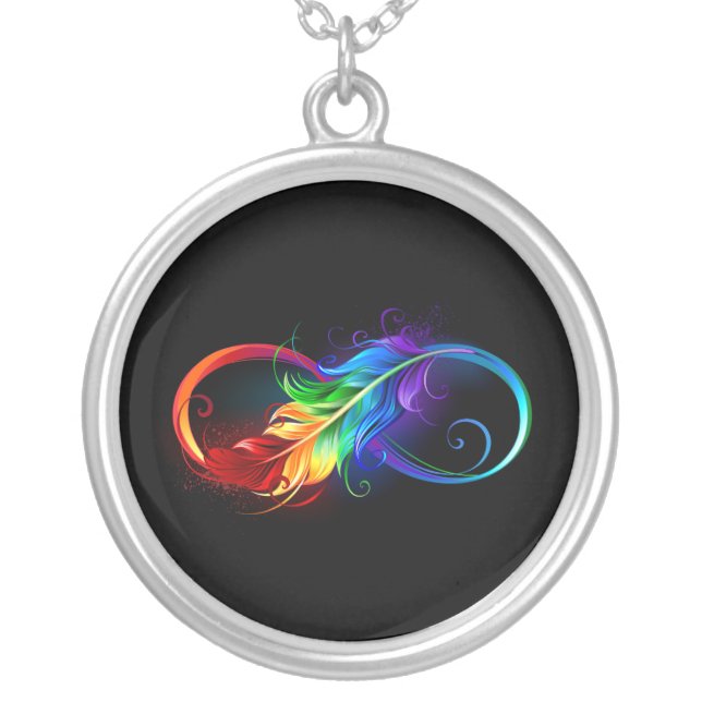 Infinity Symbol with Rainbow Feather Silver Plated Necklace (Front)