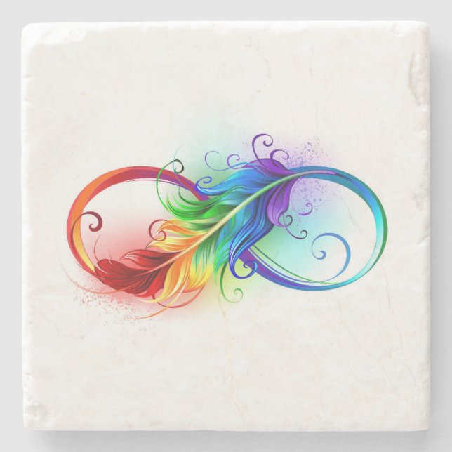 Infinity Symbol with Rainbow Feather Stone Coaster (Front)