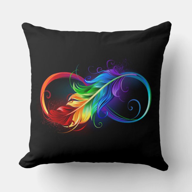 Infinity Symbol with Rainbow Feather Throw Pillow (Front)