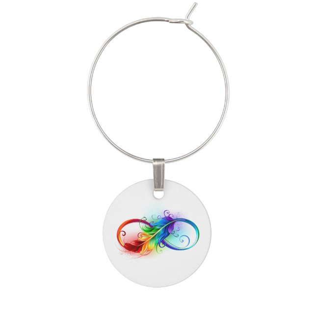 Infinity Symbol with Rainbow Feather Wine Charm (Front)