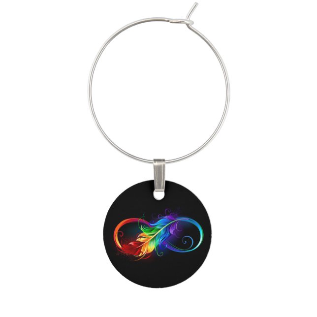 Infinity Symbol with Rainbow Feather Wine Charm (Front)