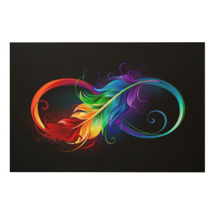Infinity Symbol with Rainbow Feather Wood Wall Art