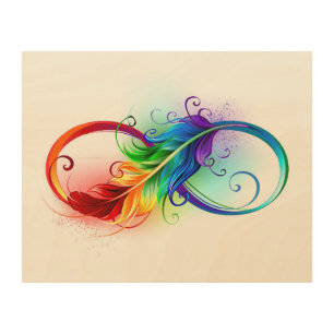 Infinity Symbol with Rainbow Feather Wood Wall Art