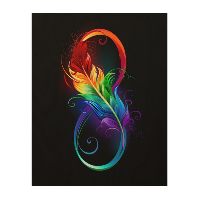 Infinity Symbol with Rainbow Feather Wood Wall Art (Front)