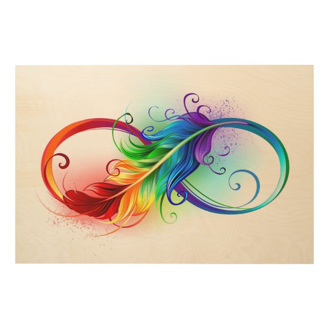 Infinity Symbol with Rainbow Feather Wood Wall Art (Front)