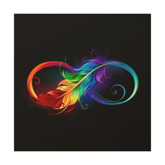 Infinity Symbol with Rainbow Feather Wood Wall Art (Front)