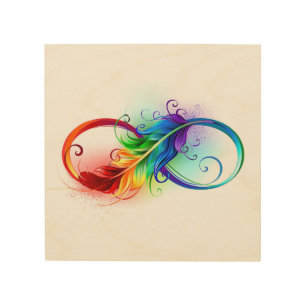 Infinity Symbol with Rainbow Feather Wood Wall Art