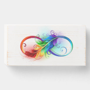 Infinity Symbol with Rainbow Feather Wooden Box Sign