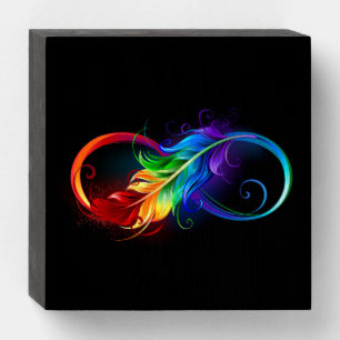 Infinity Symbol with Rainbow Feather Wooden Box Sign