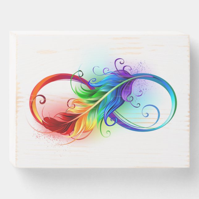 Infinity Symbol with Rainbow Feather Wooden Box Sign (Front Horizontal)