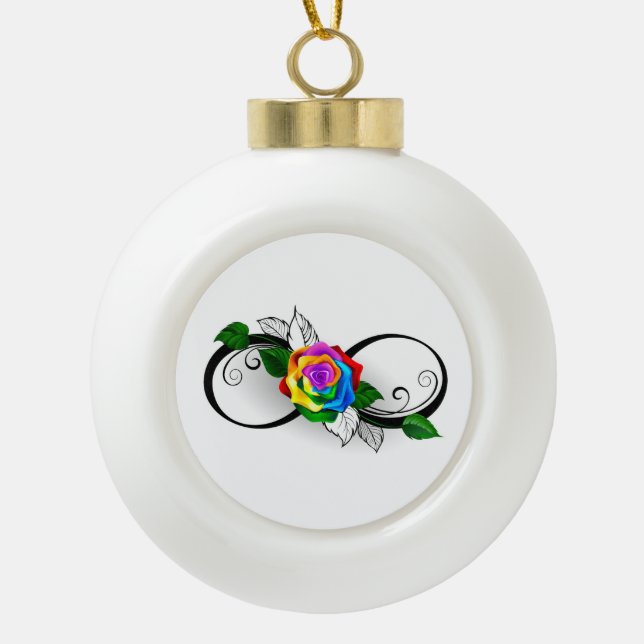 Infinity Symbol with Rainbow Rose Ceramic Ball Christmas Ornament (Front)