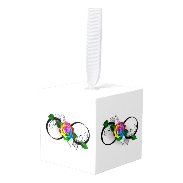 Infinity Symbol with Rainbow Rose Cube Ornament (Front Angled)