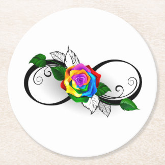 Infinity Symbol with Rainbow Rose Round Paper Coaster
