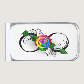 Infinity Symbol with Rainbow Rose Silver Finish Money Clip